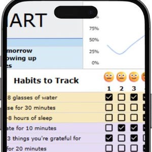 May include: A smartphone screen displaying a digital habit tracker chart with the heading Habits to Track. The chart features rows of daily tasks, columns numbered 1 through 3 with emoji headers, and checkboxes indicating completion status for each item.