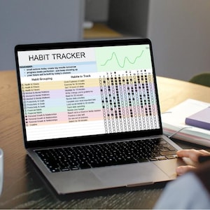May include: A laptop screen displaying a digital habit tracker spreadsheet with the title HABIT TRACKER, featuring columns for habit grouping, specific habits to track, and a grid of checkboxes for daily progress tracking over a thirty-day period.
