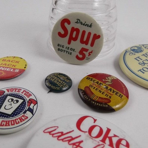 Food & Drink - 7pc Lot Vintage Retro Advertising Pin Back Buttons Collection - Tin Litho Tab Badge Logo - Coca Cola Oscar Meyer Schlitz