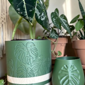 May include: Green plant pot with embossed monstera leaf design and a white stripe. A smaller matching green pot is next to it. The pots are on a wooden surface, with plants in the background.