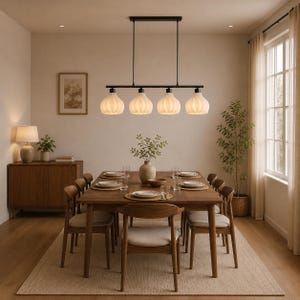 Scandinavian Dining Room Pendant Light, 4 Light Linear Chandelier, Ribbed Glass Kitchen Island Fixture, Modern Farmhouse Lighting