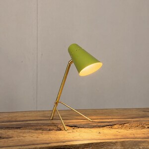 Mid Century Modern Green Metal Desk Lamp, Minimalist Brass Base, Retro Scandinavian Lighting
