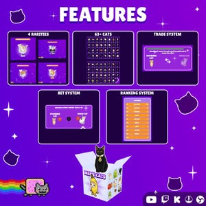 Pode incluir: Uma infografia roxa intitulada FEATURES exibe mec&acirc;nicas de jogo para Meme Cats. As se&ccedil;&otilde;es incluem 4 Rarities, 63+ Cats, um Trade System, um Bet System e um Ranking System. Um gato preto senta-se numa caixa com o r&oacute;tulo Meme Cats.