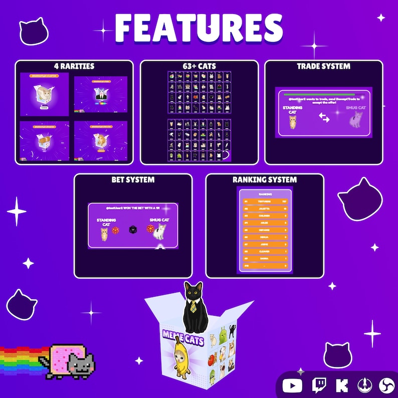 Pode incluir: Uma infografia roxa intitulada FEATURES exibe mec&acirc;nicas de jogo para Meme Cats. As se&ccedil;&otilde;es incluem 4 Rarities, 63+ Cats, um Trade System, um Bet System e um Ranking System. Um gato preto senta-se numa caixa com o r&oacute;tulo Meme Cats.