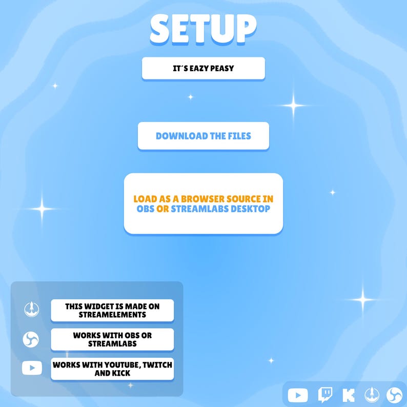 May include: A light blue digital graphic with white text reading SETUP, IT'S EAZY PEASY, DOWNLOAD THE FILES, and LOAD AS A BROWSER SOURCE IN OBS OR STREAMLABS DESKTOP. Includes a box with icons for YouTube, Twitch, and Kick, noting compatibility.