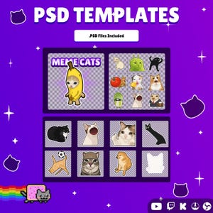 Pode incluir: Uma cole&ccedil;&atilde;o digital de gr&aacute;ficos de gatos meme exibidos num fundo roxo com o texto PSD TEMPLATES e .PSD Files Included. A grelha apresenta v&aacute;rios gatos ilustrados, incluindo um gato com fato de banana e outros memes felinos virais.