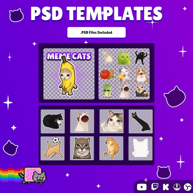 Pode incluir: Uma cole&ccedil;&atilde;o digital de gr&aacute;ficos de gatos meme exibidos num fundo roxo com o texto PSD TEMPLATES e .PSD Files Included. A grelha apresenta v&aacute;rios gatos ilustrados, incluindo um gato com fato de banana e outros memes felinos virais.