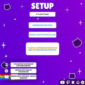 Pode incluir: Um guia de configura&ccedil;&atilde;o digital roxo com caixas de texto brancas contendo instru&ccedil;&otilde;es: SETUP, IT'S EAZY PEASY, DOWNLOAD THE FILES, DOUBLE-CLICK THE INSTALL FILE, LOAD AS A BROWSER SOURCE IN OBS OR STREAMLABS DESKTOP e detalhes de compatibilidade.