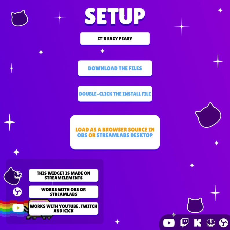 Pode incluir: Um guia de configura&ccedil;&atilde;o digital roxo com caixas de texto brancas contendo instru&ccedil;&otilde;es: SETUP, IT'S EAZY PEASY, DOWNLOAD THE FILES, DOUBLE-CLICK THE INSTALL FILE, LOAD AS A BROWSER SOURCE IN OBS OR STREAMLABS DESKTOP e detalhes de compatibilidade.