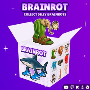 May include: A white box with the text BRAINROT featuring a cartoon shark wearing blue sneakers and a cactus elephant wearing a brown sandal. The side of the box displays a grid of various illustrated characters on a purple background with stars.