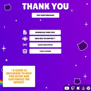 Pode incluir: Um cart&atilde;o de agradecimento digital roxo com texto branco que diz THANK YOU FOR YOUR PURCHASE, DOWNLOAD YOUR FILES, NEED HELP OR SUPPORT, SHARE YOUR STREAM, LEAVE A REVIEW e uma nota de guia. Inclui &iacute;cones de gato e estrelas.