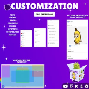 Pode incluir: Uma interface digital para personaliza&ccedil;&atilde;o de software em um fundo roxo. Exibe menus para fontes, cores, textos, comandos, imagens, sprites de gatos, probabilidades e gatilhos. Uma janela de visualiza&ccedil;&atilde;o mostra um gato banana.