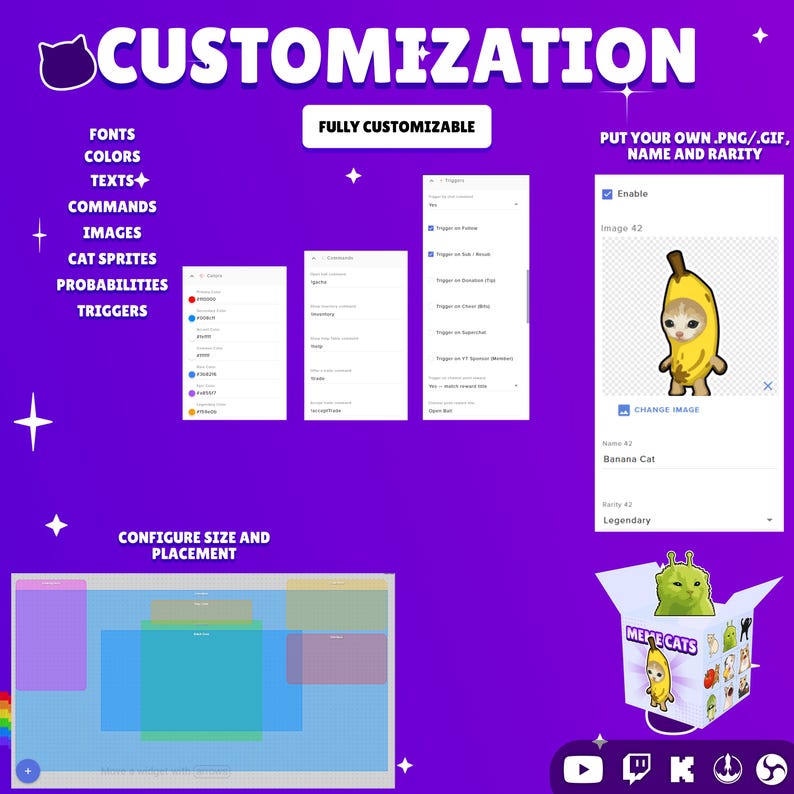 Pode incluir: Uma interface digital para personaliza&ccedil;&atilde;o de software em um fundo roxo. Exibe menus para fontes, cores, textos, comandos, imagens, sprites de gatos, probabilidades e gatilhos. Uma janela de visualiza&ccedil;&atilde;o mostra um gato banana.