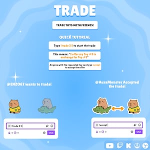 May include: A digital interface titled TRADE with a tutorial explaining how to trade toys using commands like !trade 3 5 and !accept. The screen displays two capybara characters, one on a green alligator, and chat boxes showing the trade process.