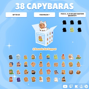 May include: A collection of 38 capybara stickers featuring various costumes and themes. The display includes a central blind box graphic, text reading 38 CAPYBARAS, UP TO 60, TOO MUCH ?, PICK 6, 9, 17 OR ANY CUSTOM QUANTITY, and @Amanda Got Capycat.