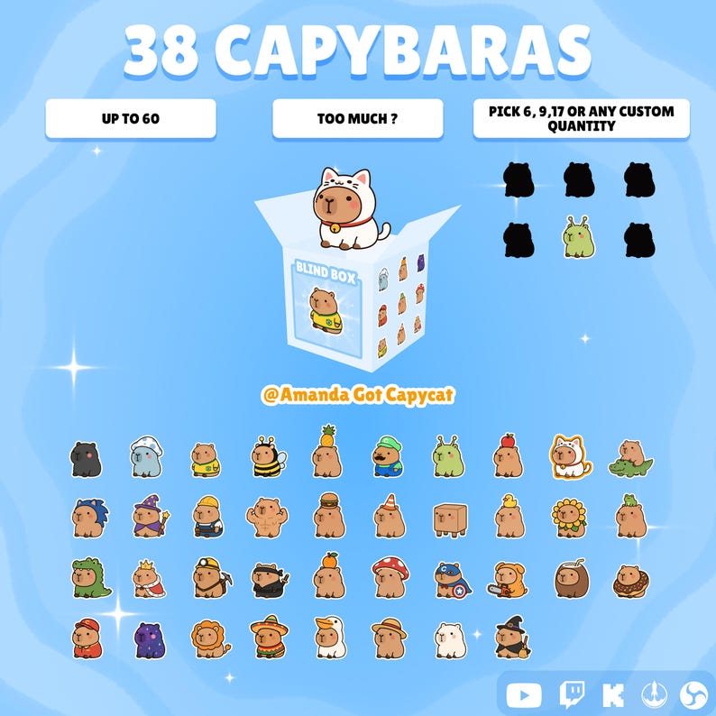 May include: A collection of 38 capybara stickers featuring various costumes and themes. The display includes a central blind box graphic, text reading 38 CAPYBARAS, UP TO 60, TOO MUCH ?, PICK 6, 9, 17 OR ANY CUSTOM QUANTITY, and @Amanda Got Capycat.