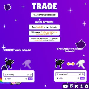 Pode incluir: Uma interface digital roxa intitulada TRADE com instru&ccedil;&otilde;es para trocar gatos. Inclui caixas de texto com comandos como !trade 3 5 e !acceptTrade, juntamente com ilustra&ccedil;&otilde;es de gatos, &iacute;cones de estrelas e logotipos de redes sociais.