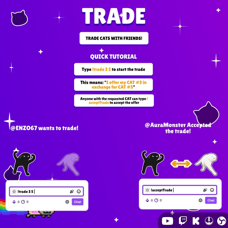 Pode incluir: Uma interface digital roxa intitulada TRADE com instru&ccedil;&otilde;es para trocar gatos. Inclui caixas de texto com comandos como !trade 3 5 e !acceptTrade, juntamente com ilustra&ccedil;&otilde;es de gatos, &iacute;cones de estrelas e logotipos de redes sociais.
