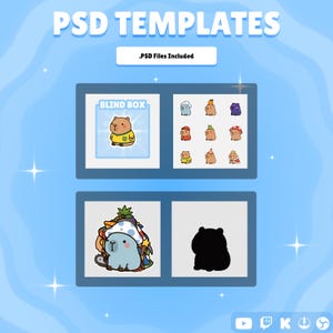 May include: A digital graphic set titled PSD TEMPLATES with .PSD Files Included. It displays cartoon capybara illustrations, including a blind box character, various capybaras with accessories, a large blue capybara with a mushroom hat, and a black silhouette.