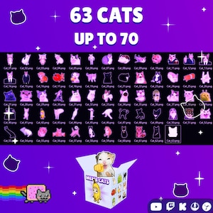 Pode incluir: Uma cole&ccedil;&atilde;o digital de 63 autocolantes gr&aacute;ficos com tema de gato num fundo roxo com o texto 63 CATS UP TO 70. Abaixo, uma caixa branca com a etiqueta MEME CATS apresenta v&aacute;rias ilustra&ccedil;&otilde;es de gatos, incluindo um gato com fato de banana.