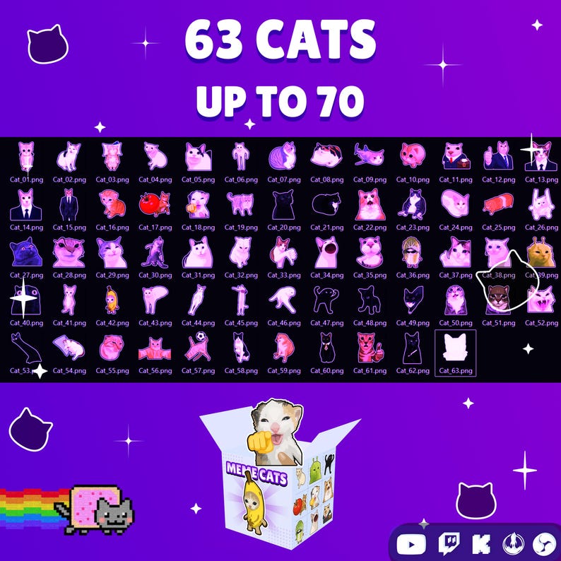 Pode incluir: Uma cole&ccedil;&atilde;o digital de 63 autocolantes gr&aacute;ficos com tema de gato num fundo roxo com o texto 63 CATS UP TO 70. Abaixo, uma caixa branca com a etiqueta MEME CATS apresenta v&aacute;rias ilustra&ccedil;&otilde;es de gatos, incluindo um gato com fato de banana.