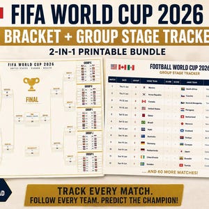 May include: A FIFA World Cup 2026 printable bundle featuring a tournament bracket and a group stage tracker. The bracket displays group stages and a final trophy icon. The tracker lists match dates, groups, teams, venues, and times.