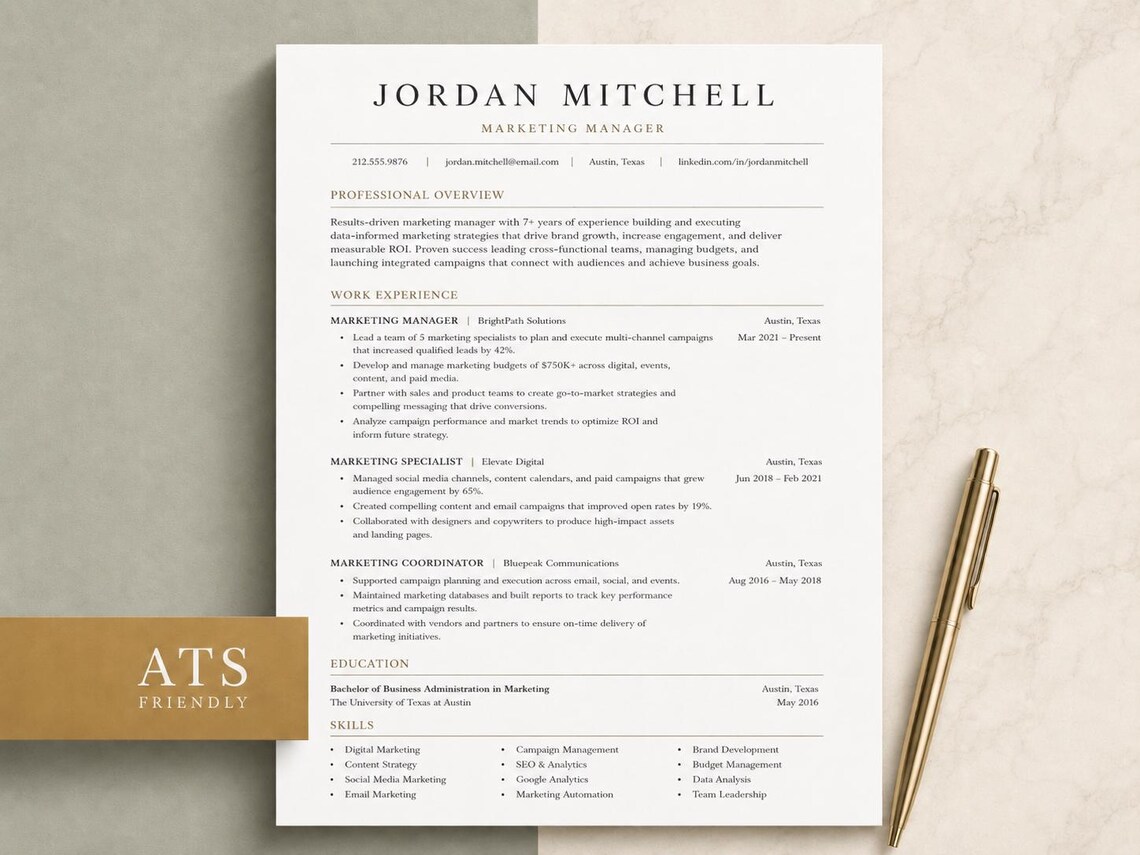 ATS Friendly Resume Template for Word Google Docs Pages, Modern ...