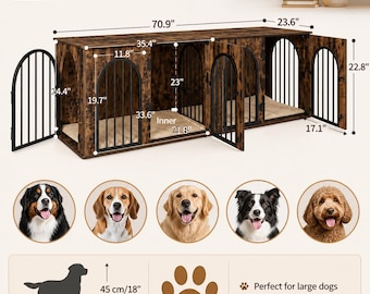 Mobile per cani doppio con divisorio – Grande cuccia in legno con supporto per TV, cuccia per cani da interno resistente con cuscini per cani di taglia media