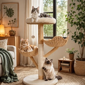Peut inclure: Un arbre à chat en bois avec trois chats. L'arbre comprend une plate-forme supérieure en peluche, deux plateformes en forme de panier tressé et un poteau à gratter enroulé de corde. Les chats sont positionnés sur l'arbre, un sur la plate-forme supérieure, un dans un panier et un à la base.