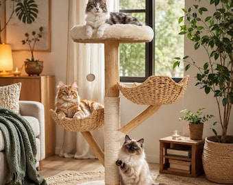 Moderner 3-stöckiger Katzenbaum – Aktivitätszentrum aus Holz mit Sisal-Kratzstämmen, Kletterturm für Katzen und Kätzchen im Innenbereich