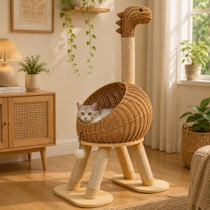 Könnte beinhalten: Ein Katzenbaum in Dinosaurierform mit einem Körper aus geflochtenem Rattan, einem langen Hals und einem Kopf mit kleinen Stacheln. Die Struktur umfasst vier mit Sisalseil umwickelte Beine, eine runde Ruhehöhle und ein hängendes weißes Spielzeug.