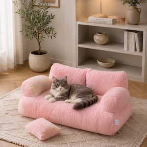 Peut inclure: Un canapé rose et moelleux pour animaux de compagnie avec un coussin assorti. Un chat gris et blanc se repose sur le canapé. Le canapé est posé sur un tapis beige, avec une plante en pot et une étagère en arrière-plan.