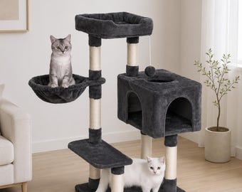100 cm hoge krabpaal met hangmat – Kattenflat met meerdere verdiepingen, 7 sisal krabpalen, groot kattenhuis en pluche ligplek voor binnenkatten