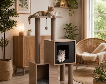 Moderner Katzenbaum 93 cm – Indoor-Katzenkratzbaum mit Plüsch-Liegeplätzen, 2 gemütlichen Höhlen, Sisal-Kratzstämmen und abnehmbaren Kissen