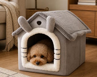 Cama acogedora para perros con forma de casita: cálida cama tipo cueva para mascotas, ideal para perros pequeños y gatos. Cama de felpa lavable para cachorros y perros de peluche.