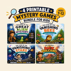 May include: A bundle of 4 printable mystery games for kids ages 7-12. The titles include The Case of the Great Alien Mystery, The Case of the Vanishing Bees, The Case of the Vanishing Stars, and The Secret of the Sick Volcano, featuring illustrations.