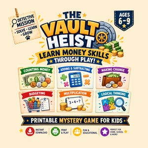 Juego de misterio matemático con dinero, caso de detective imprimible, tarjetas de pistas, código de la bóveda y rompecabezas cifrado.