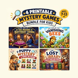 Puede incluir: Un paquete de 4 juegos de misterio imprimibles para niños de 7 a 13 años. El conjunto incluye The Case of the Missing Birthday Crown, The Case of the Vanishing Bees, Puppy Mystery con 6 cachorros perdidos y The Lost Library con 6 libros mágicos.