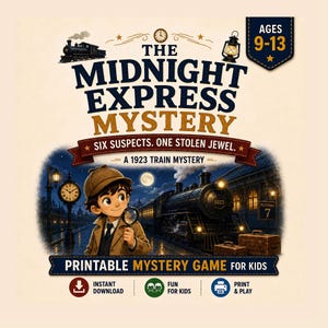 Juego de misterio para niños, aventura imprimible de escape room en tren, edades de 9 a 13 años.