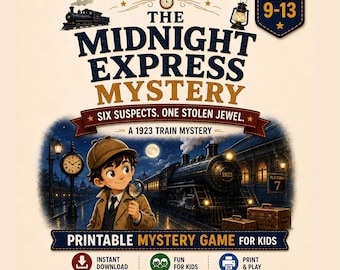 Juego de misterio para niños, aventura imprimible de escape room en tren, edades de 9 a 13 años.
