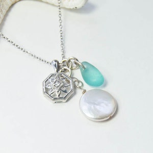 Diamond Charm Necklace | Sea Glass and Pearl |  Beach Wedding
