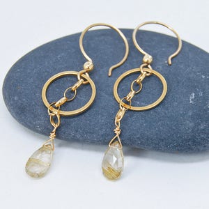 Gold Circle Rutilated Quartz Earrings: Champagne Gemstone Bridal Jewelry