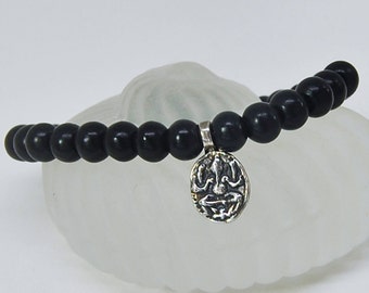 Stretch Mala Bracelet | Sterling Ganesh Charm | Black Beads