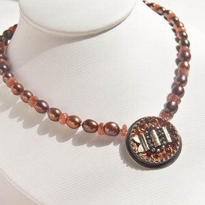Brown Pearl Necklace . Antique Button Pendant image 3