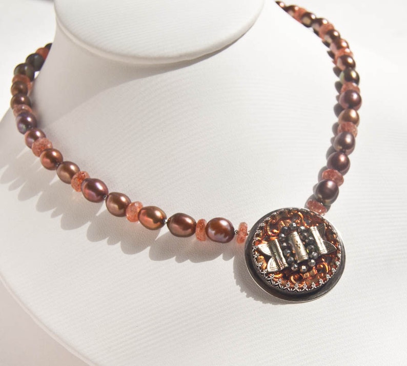 Brown Pearl Necklace . Antique Button Pendant image 3