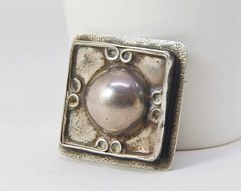 Unisex Sterling Silver Brooch  |  1940's Mexican Silver Button  |  Square Metal Pin  |  Upcycled Vintage