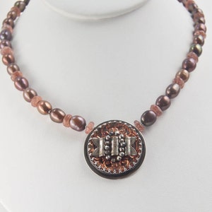 Brown Pearl Necklace . Antique Button Pendant image 2