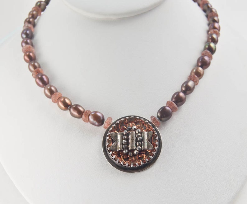 Brown Pearl Necklace . Antique Button Pendant image 2