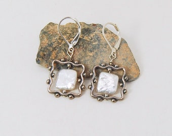 Whimsical Pearl Earrings   |  White Pearl Earrings  |   Sterling Silver Earrings  |  Square Pearls