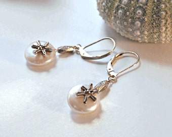 Coin Pearl Earrings with Silver Detail. White Flat Pearls